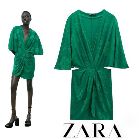 Robe Zara verte jacquard à fleurs