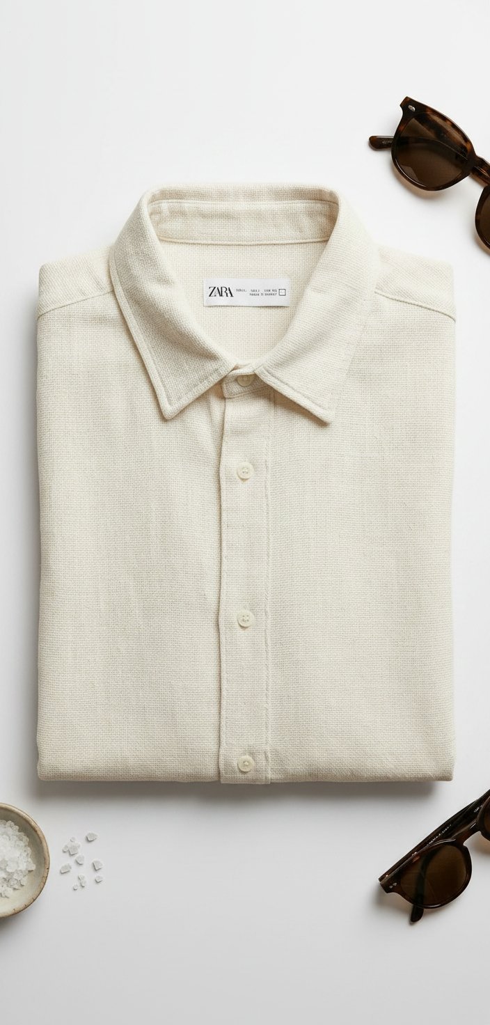 Zara Men's Regular Fit Textured Summer Shirt - White/Ecru - Size L - Made in Turkey