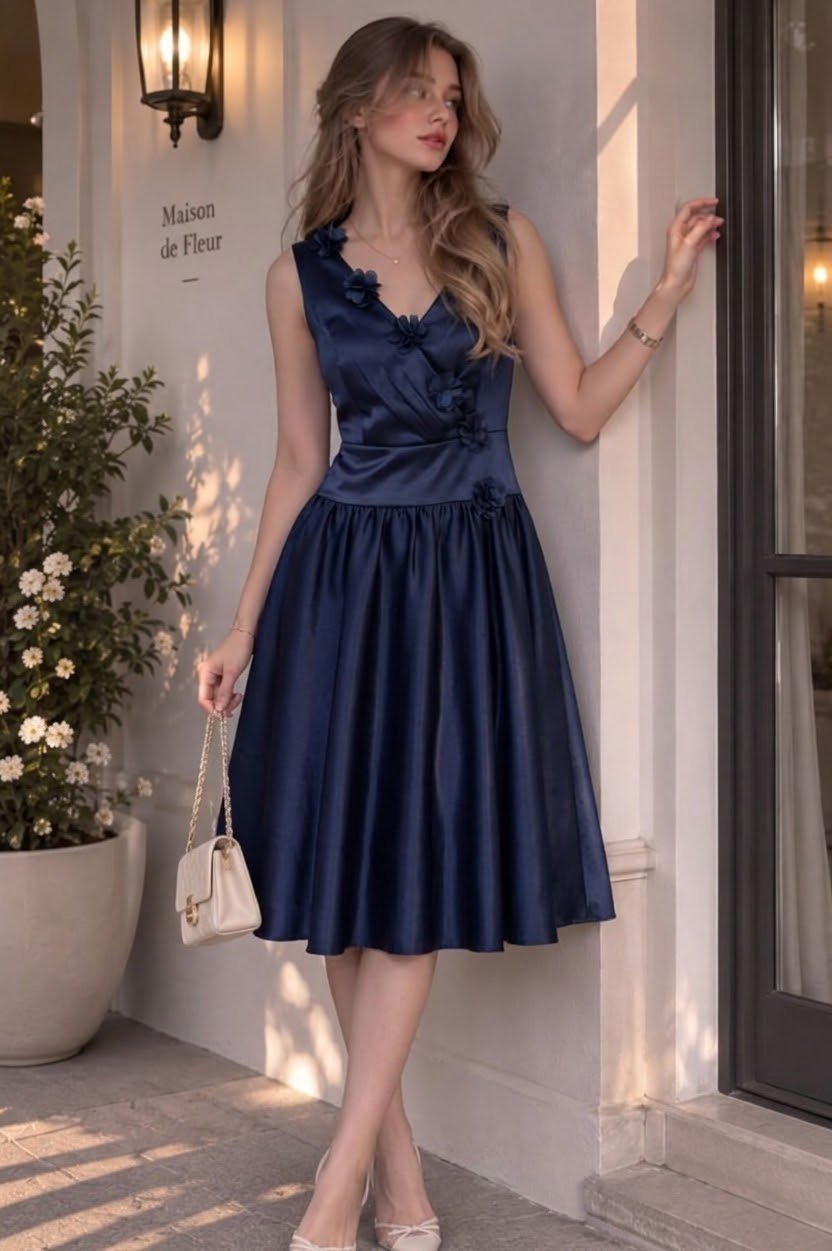 Robe de soirée mi-longue en satin bleu nuit avec détails de fleurs faites main