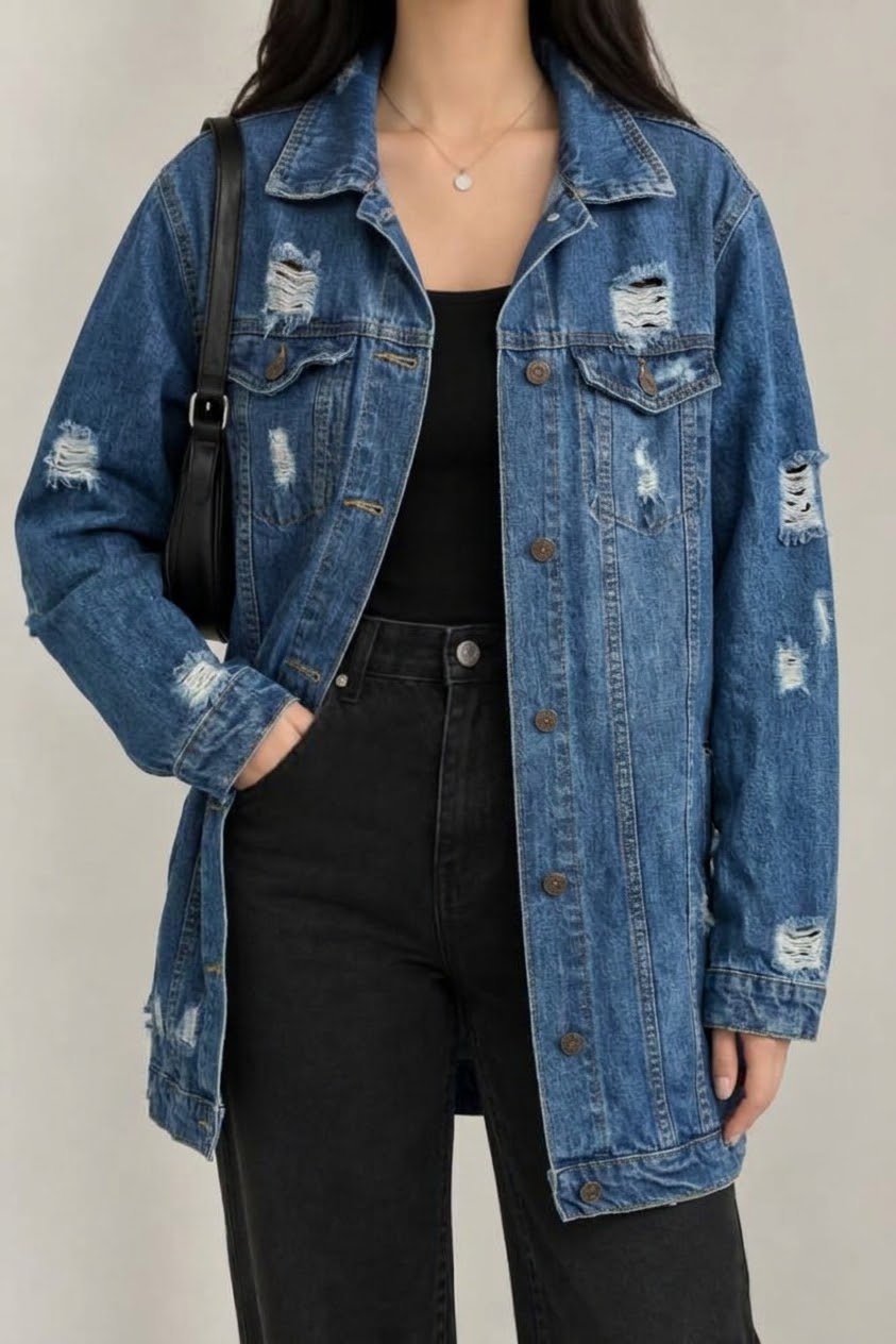 Veste longue en jean destroy Sun Line