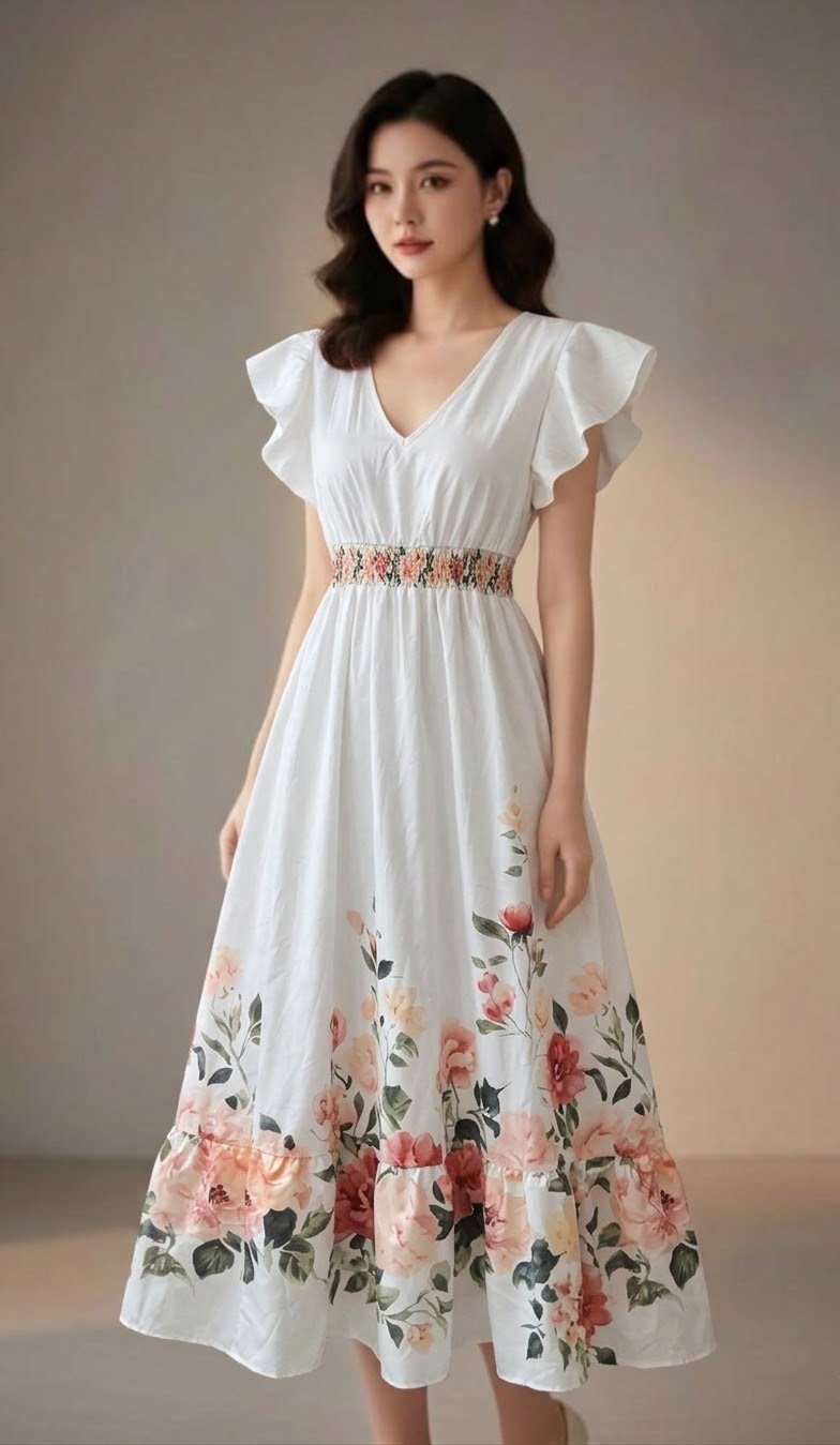 Robe longue blanche à imprimé floral et manches volants