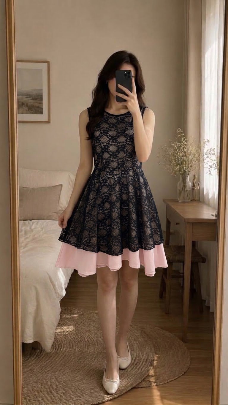Robe sans manches en dentelle noire et doublure nude ME & ME