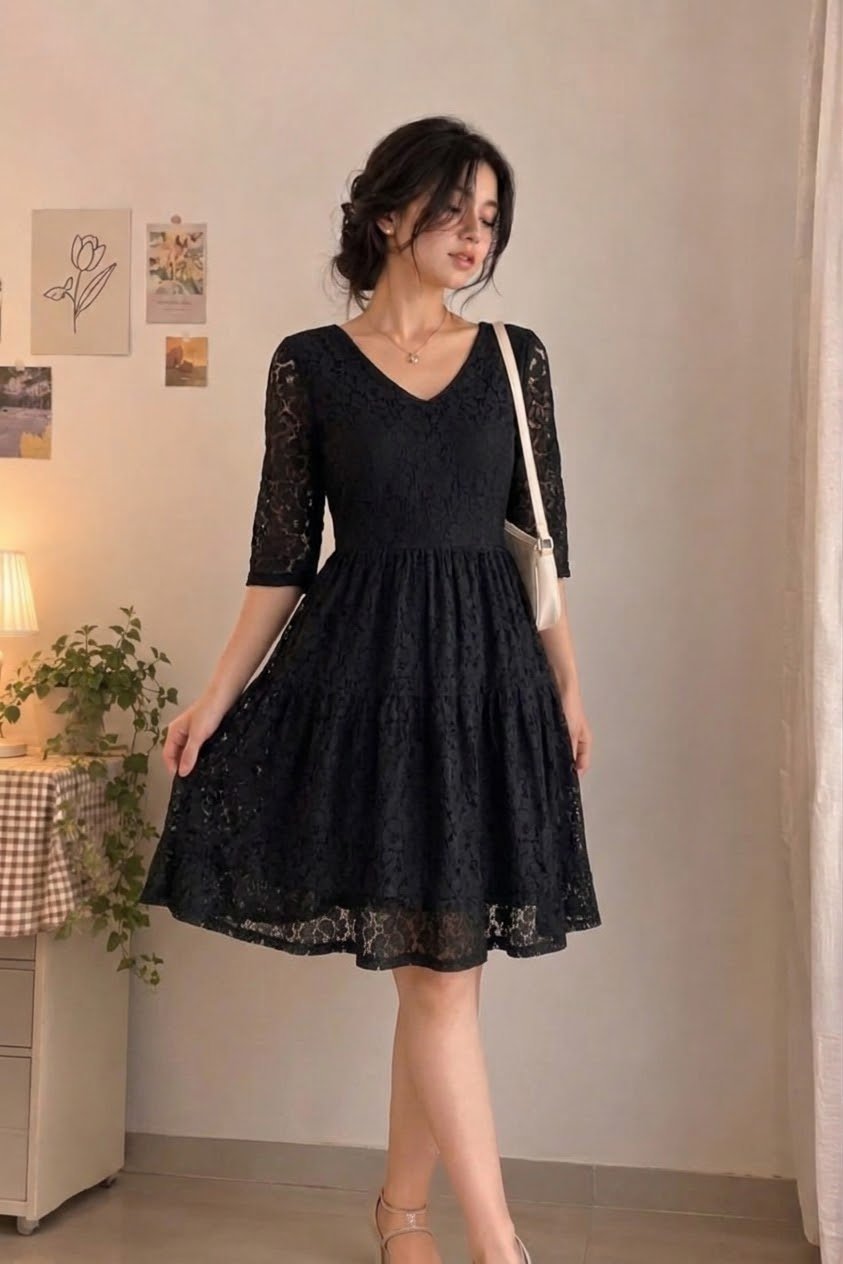 Robe en dentelle noire évasée mint&berry