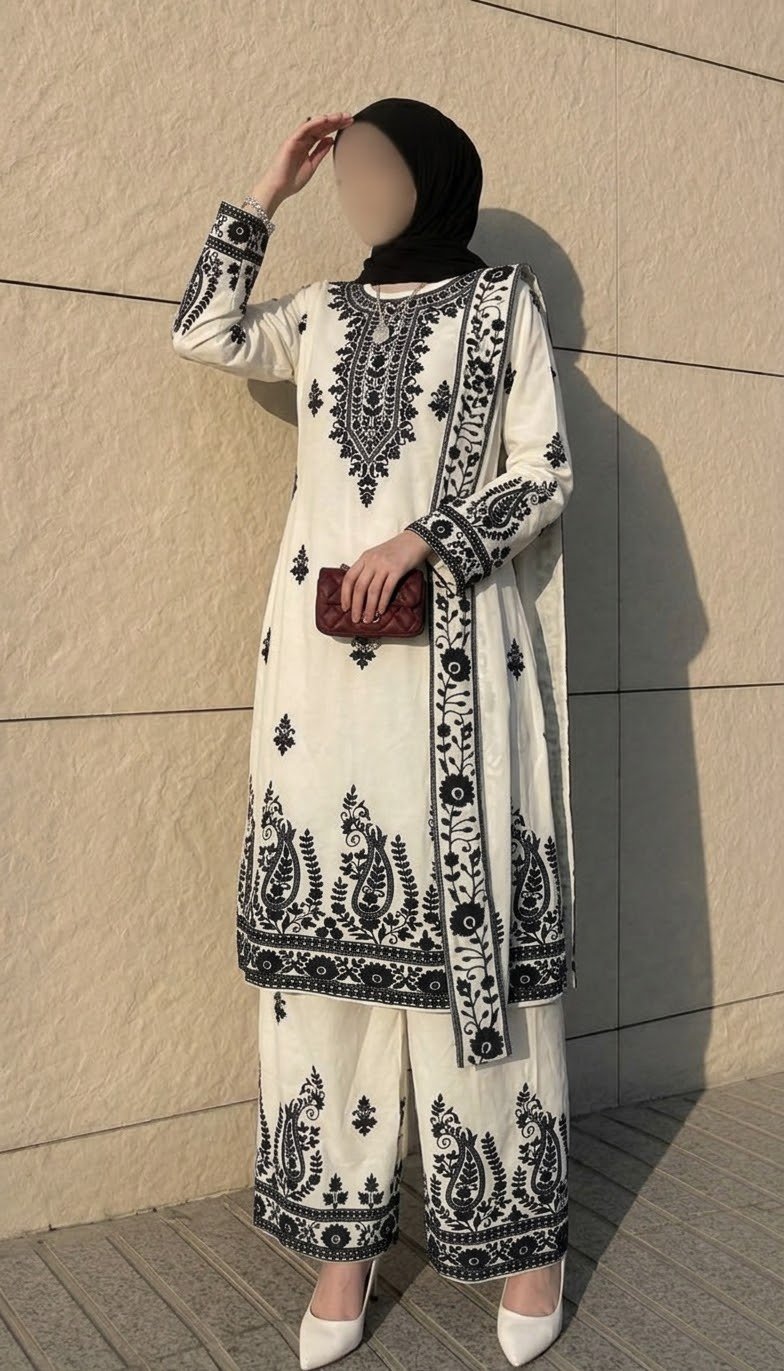 Ensemble 3 pièces brodé (Tuniques, pantalon large et écharpe/étole)