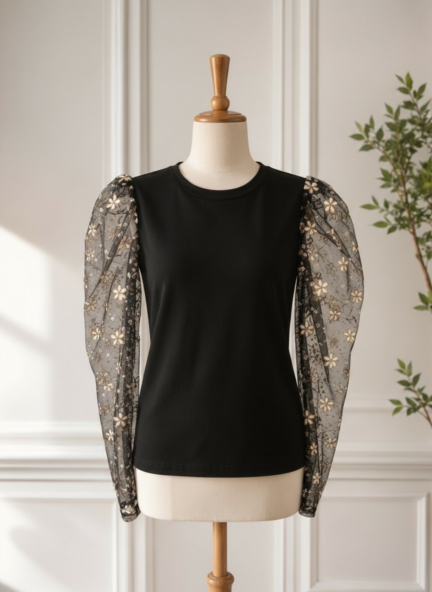Chemise noire avec manche dentelle fleurie mezyanin motho5min 