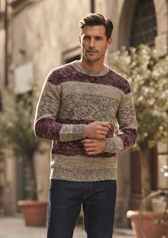 Pull en maille rayé beige & bordeaux