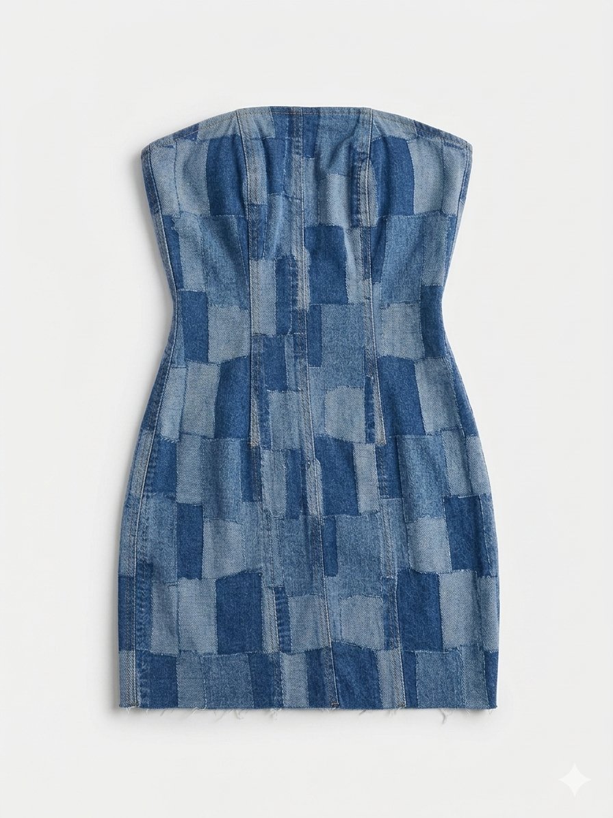 Robe bustier en jean patchwork
