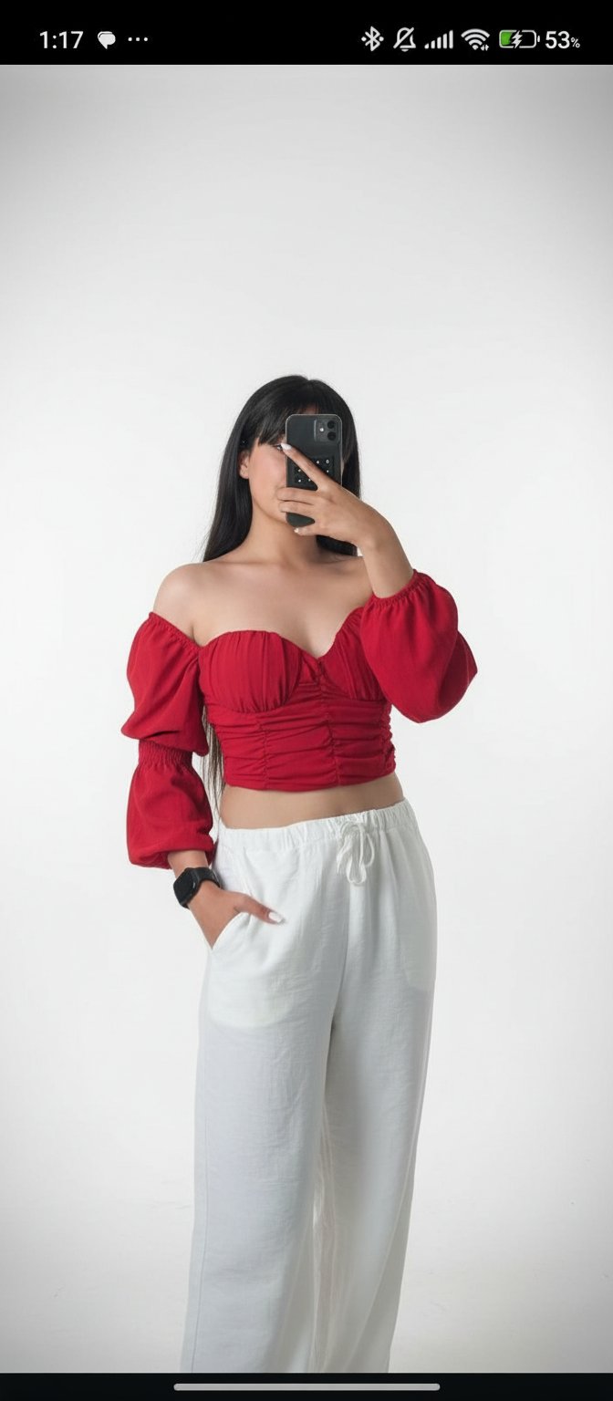 ​Top rouge col bardot à manches bouffantes 