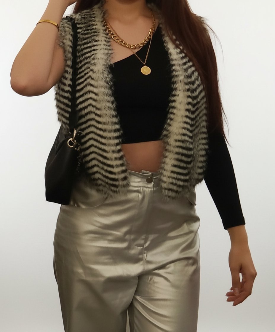 Gilet sans manches en fausse fourrure motif zèbre