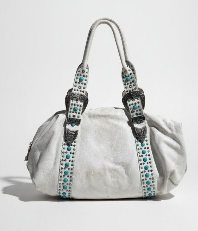 Charm and Luck white leather handbag. Rhinestones turquoise studded shoulder bag