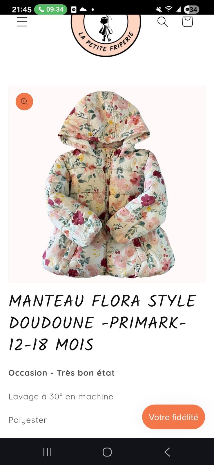 MANTEAU FLORA STYLE DOUDOUNE -PRIMARK- 12-18 MOIS