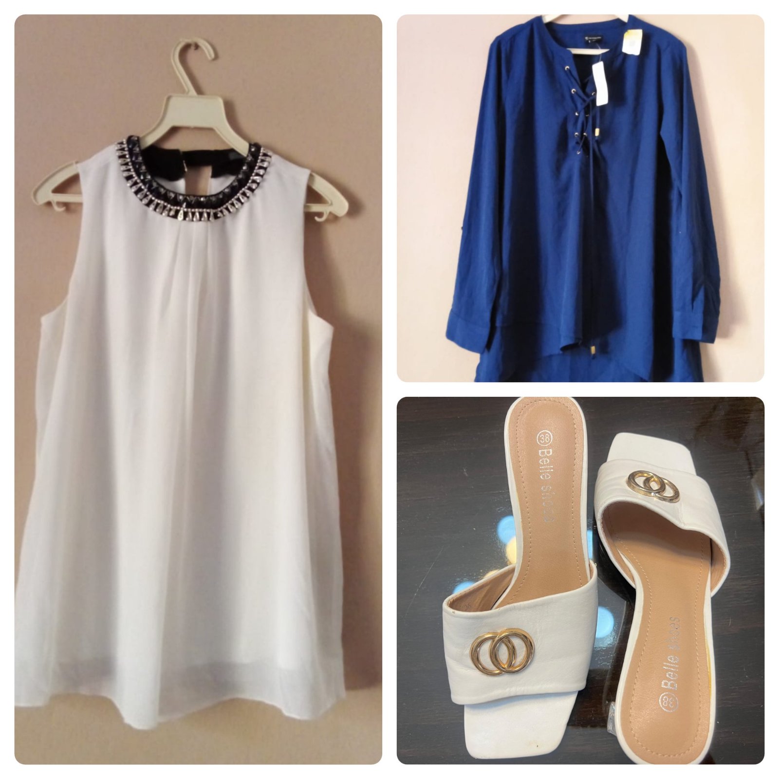 Lot qui se compose de 2 pulls chemises la chemise bleu est neuf avec étiquettes + mules pointure 38 