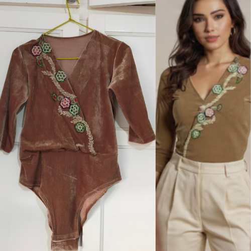 Pièce Unique, Body en velours brodé couleur champagne 