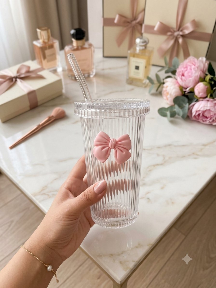 Mug en verre strié avec paille & nœud rose - NEUF 