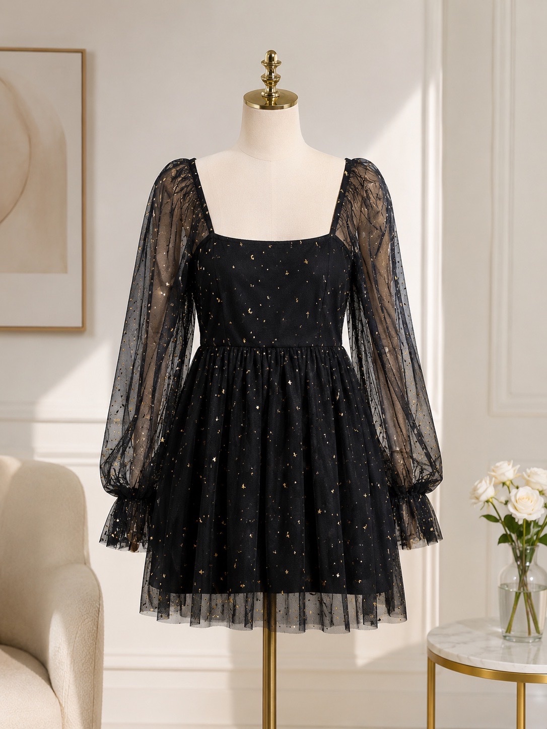 Robe noir with  a beautiful gold star and moon print shining 