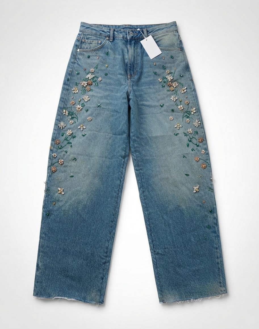Zara Jeans Barrel Denim TRF High Waist Embroidered size 38 M