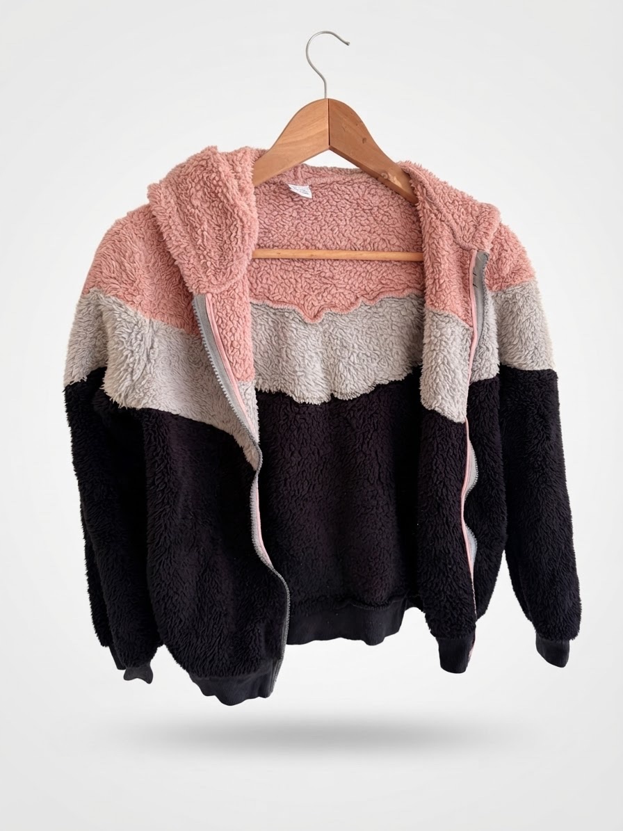 Veste zippée en moumoute / polaire peluche à capuche Lindex Kids (Colorblock rose, gris, noir) (Marque : Lindex (gamme Lindex Kids) | Couleur : Tricolore / Colorblock (Rose poudré, Gris clair, Noir) | Taille étiquette : EUR 146/152 cm - UK 10-12 Ans