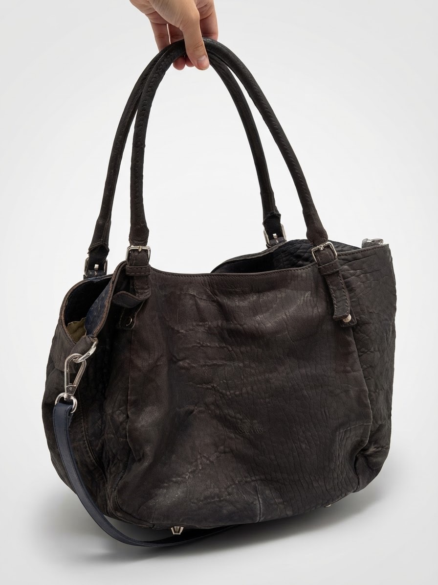 Sac cabas / Borsa a spalla en cuir véritable effet plissé/froissé « Made in Italy » (Artisanat Italien / Vera Pelle)