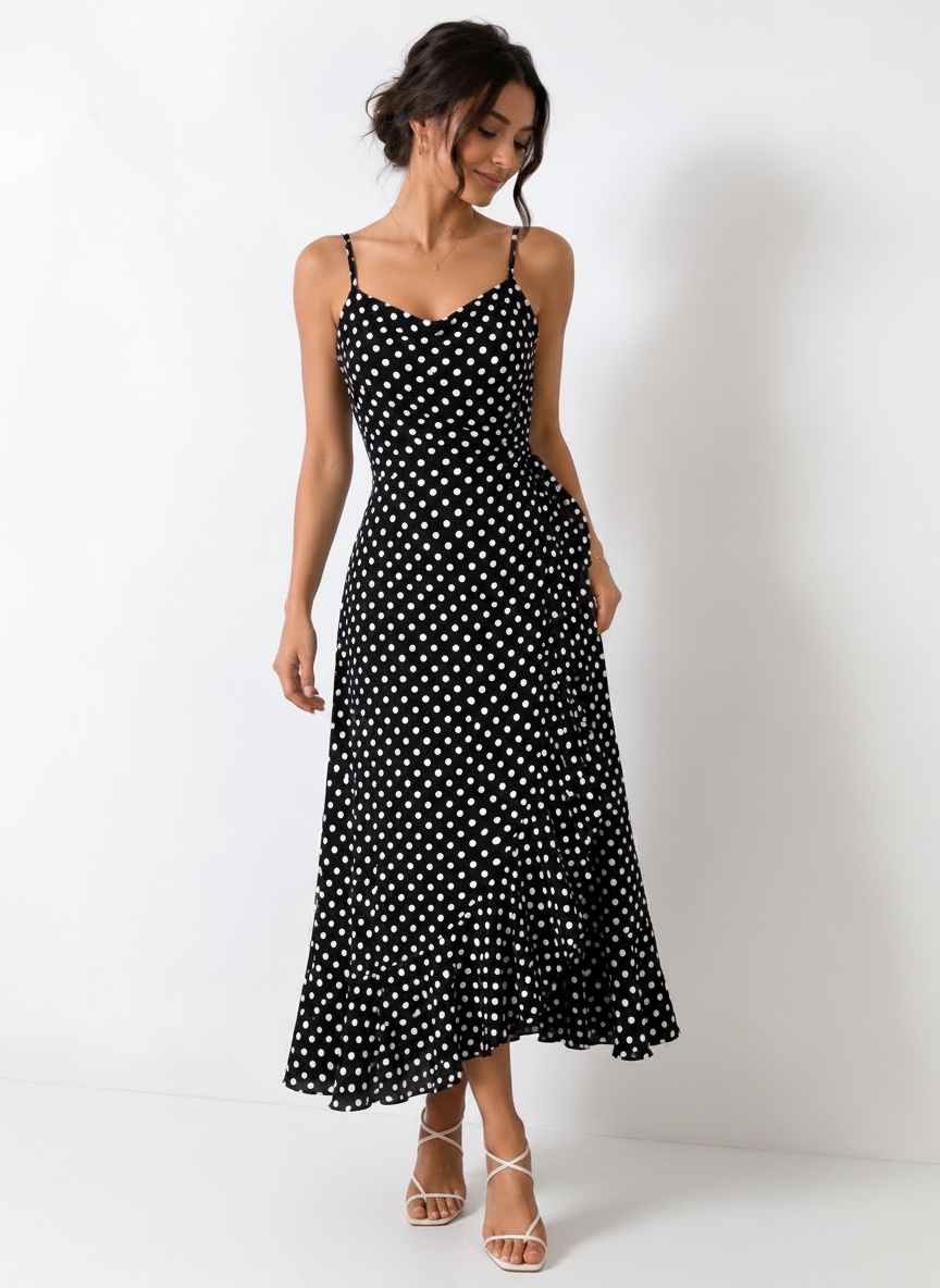 Robe longue noire à pois blancs