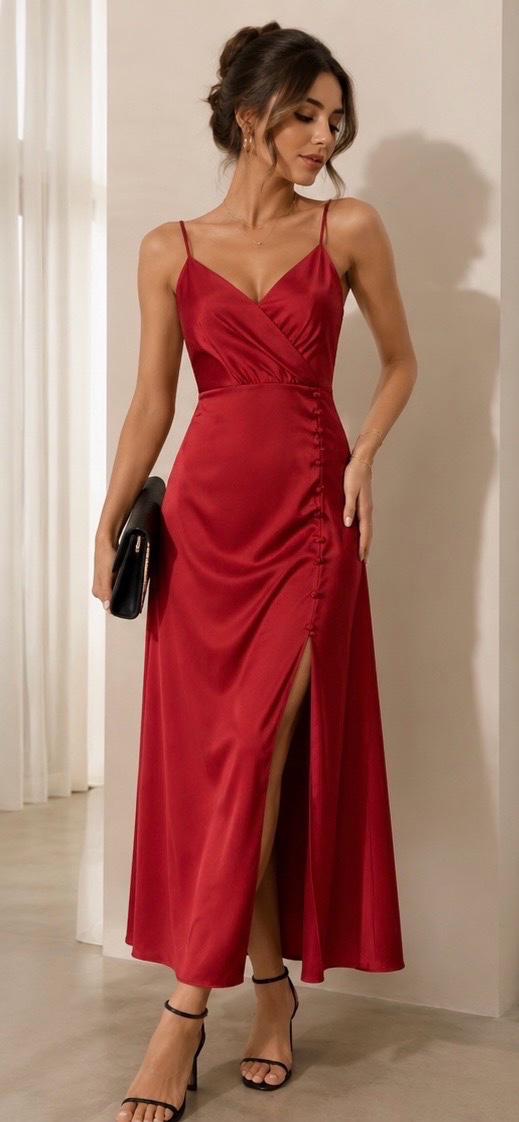 Robe longue rouge satinée élégante
