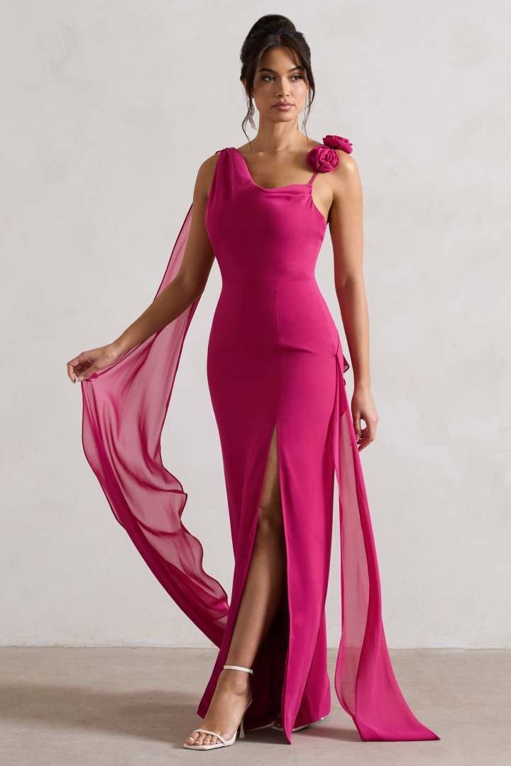 CLUB L LONDON Angeline Dark Pink Chiffon Draped Split Maxi Dress With Corsages