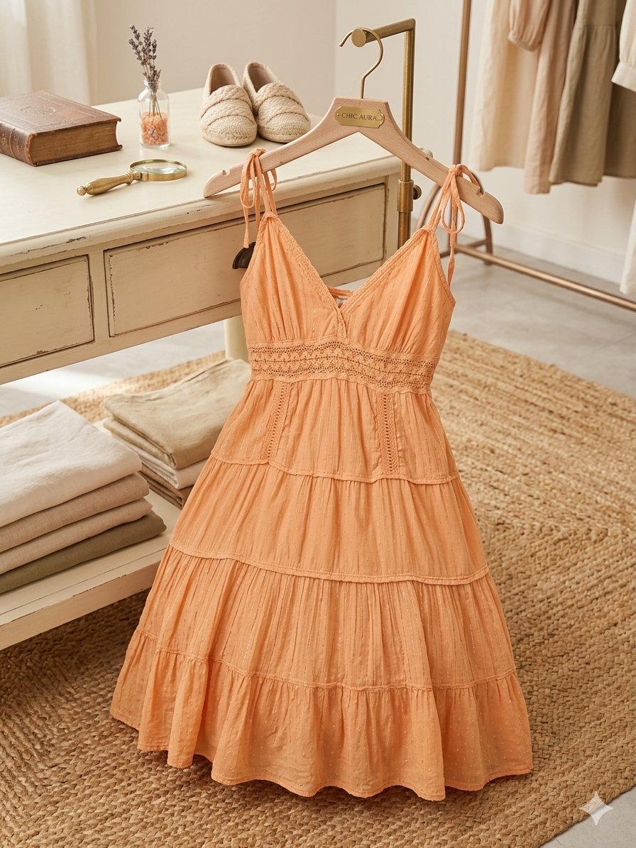 Robe de Plage Évasée Orange Pastel à Bretelles Nouées
