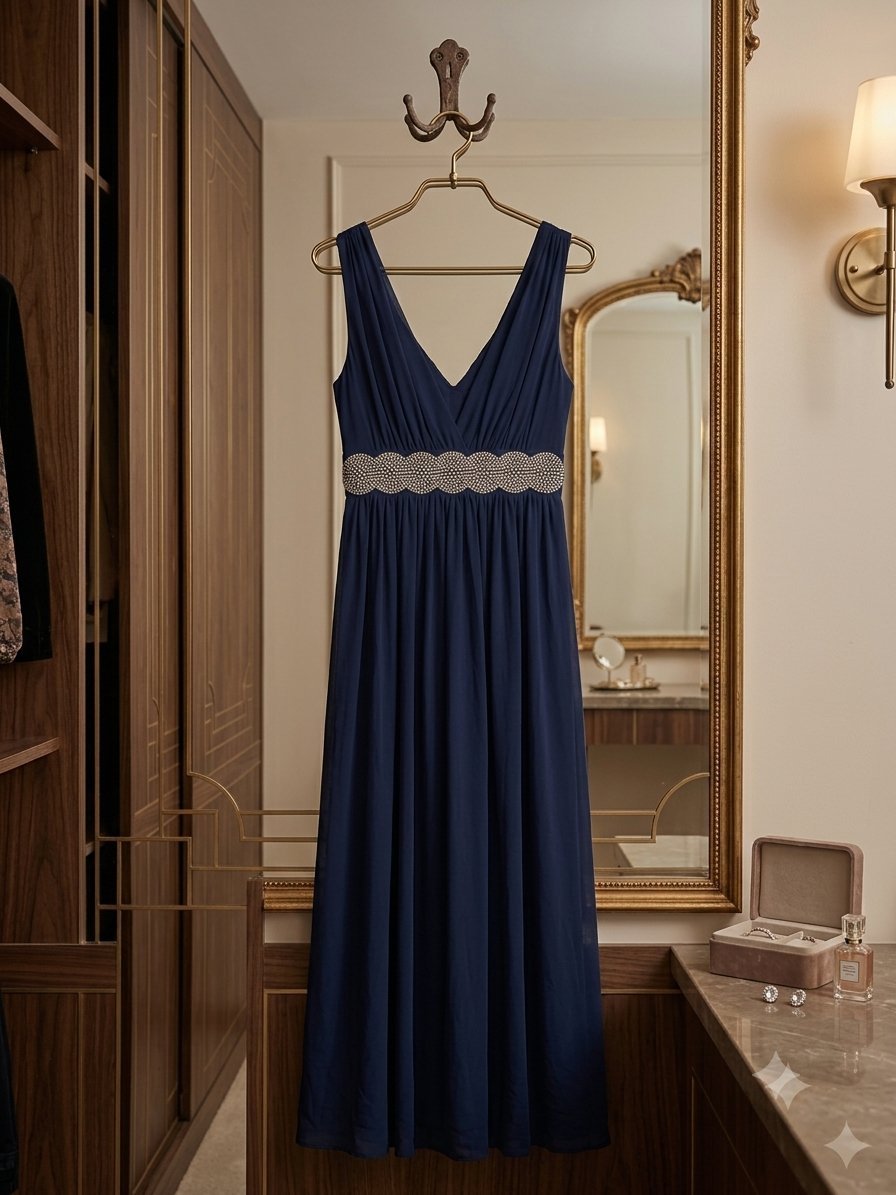 Robe de Soirée Longue Bleu Nuit avec Ceinture Bijou