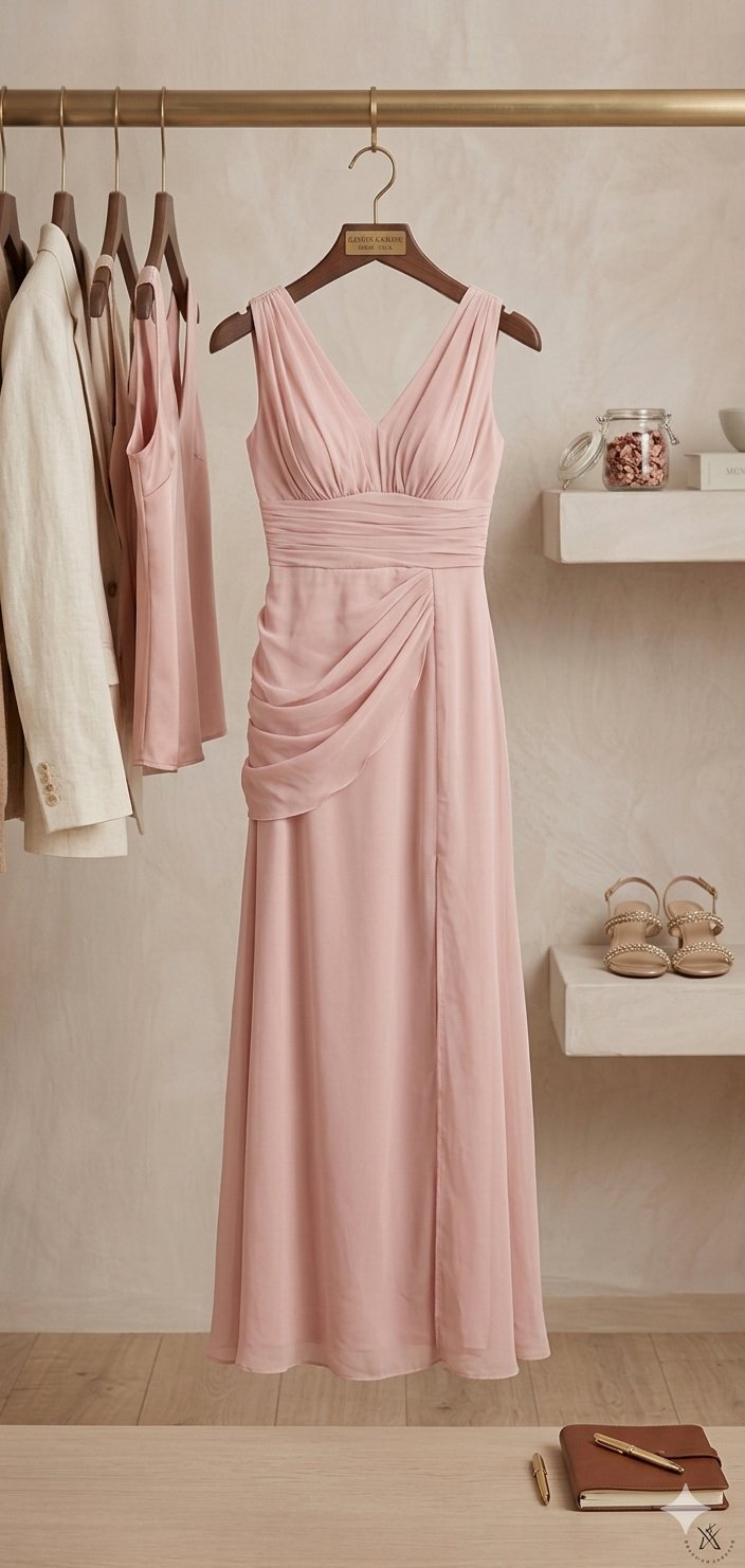 Robe de soirée en mousline rose poudré 