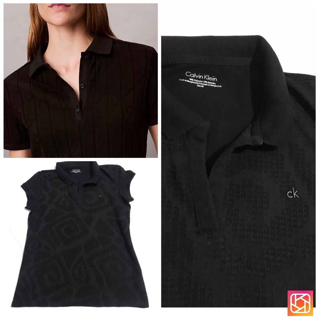 Polo noir pour femme de la marque Calvin Klein présente un motif jacquard géométrique subtil et le logo « ck » brodé sur la poitrine. En excellent état 🖤