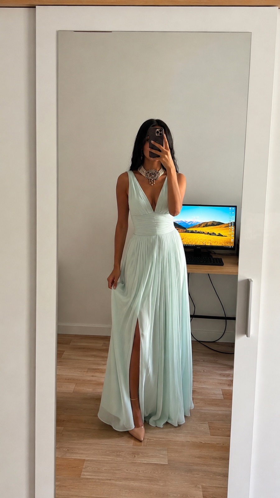 Robe longue de soirée vert d’eau Taille S