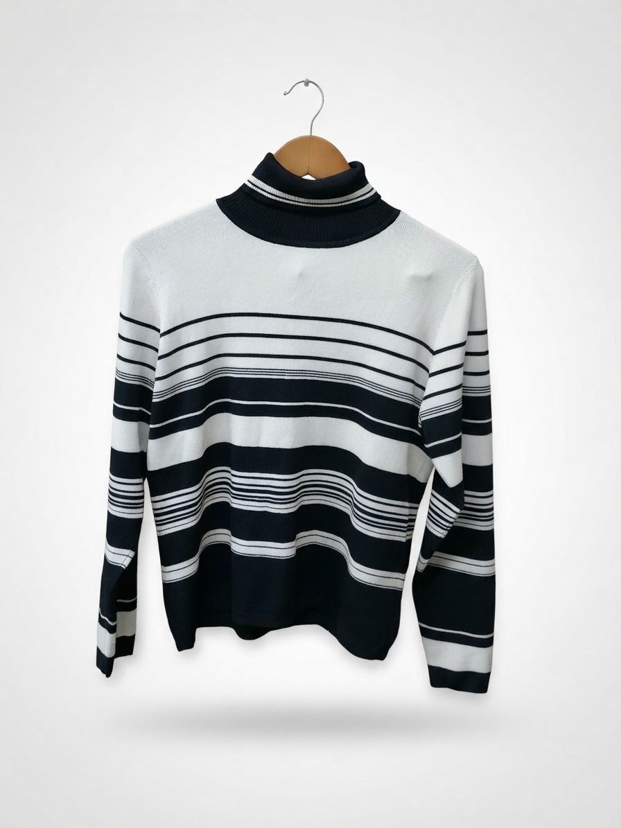 Magnifique pull col roulé rayé noir & beige - Conrad C Collection (Taille L)