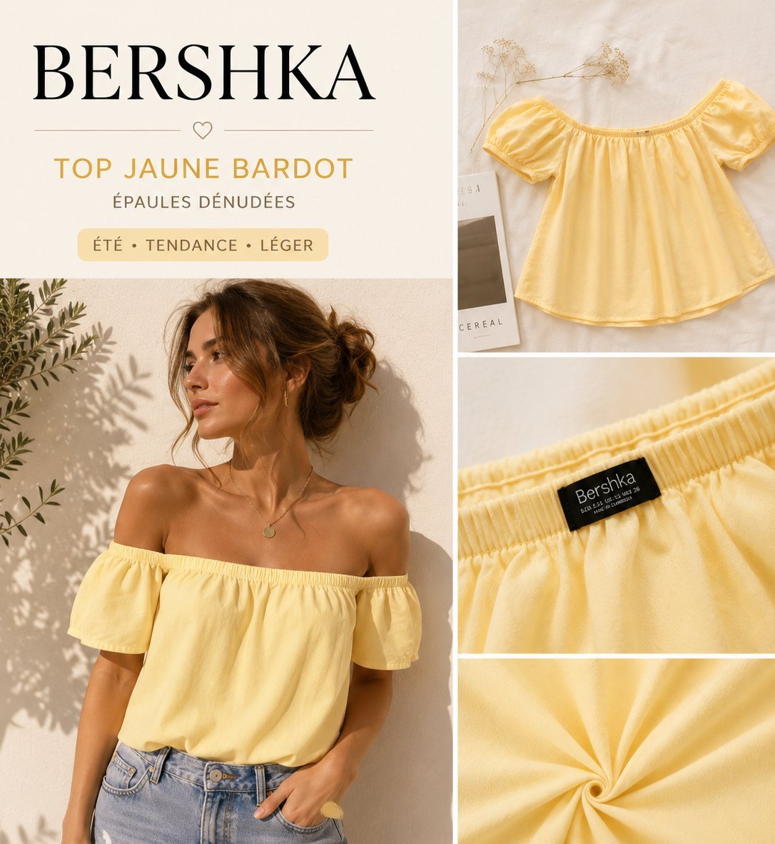 Top Bershka jaune pastel épaules dénudées – Taille S
