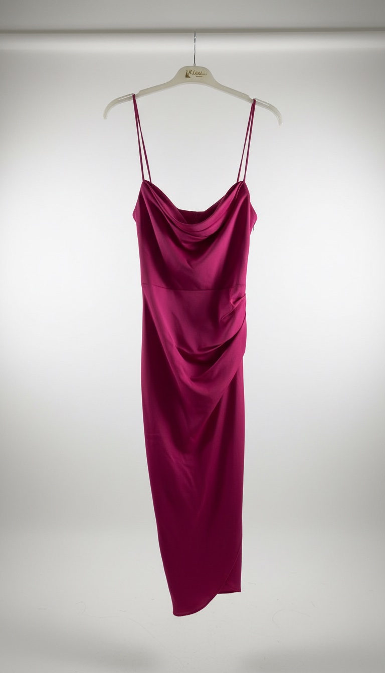 Robe satinée fuchsia élégante – coupe midi asymétrique