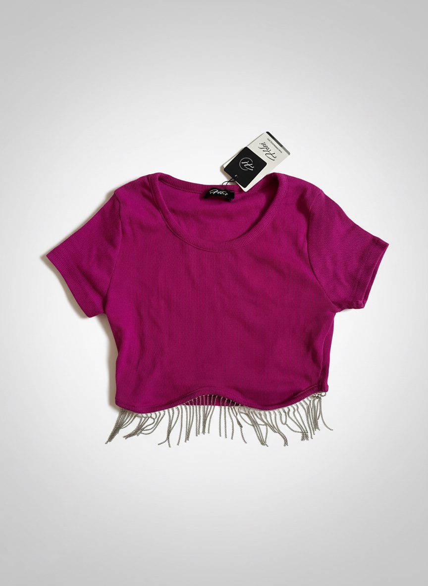 Pull crop top rose fuchsia avec strass