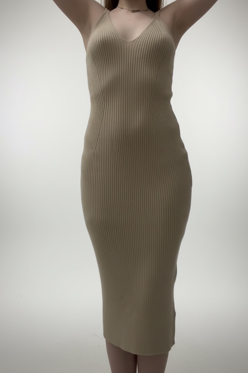 Superbe Robe Midi en Maille Côtelée – Couleur Beige/Sable