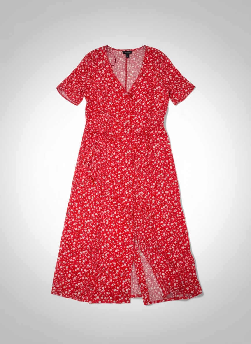 Robe rouge fleurie de la marque lindex taille 36 tres peu portée