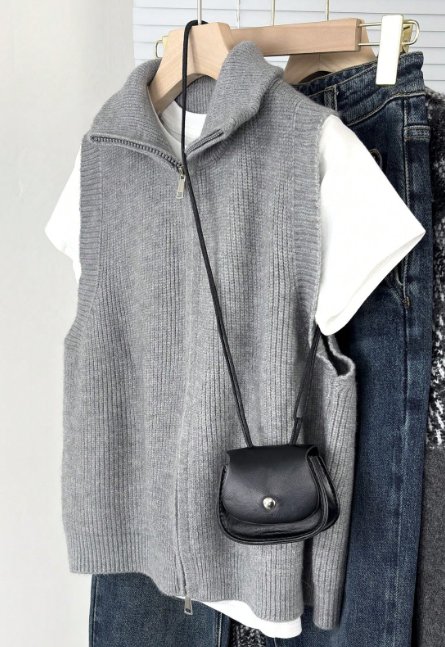 Gilet en tricot côtelé Automne/Hiver, couleur café, sans manches, double fermeture éclair, essentiel de superposition pour trajet quotidien décontracté