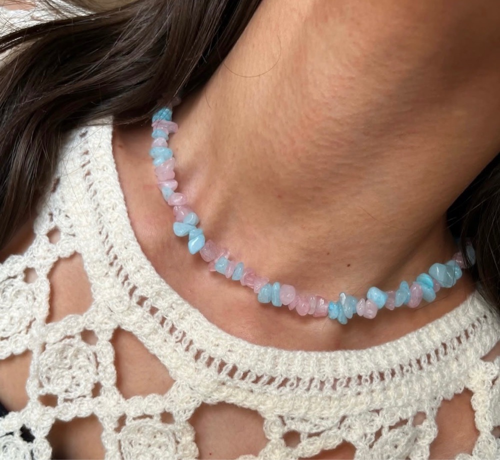 Collier aqua marine et quartz rose 