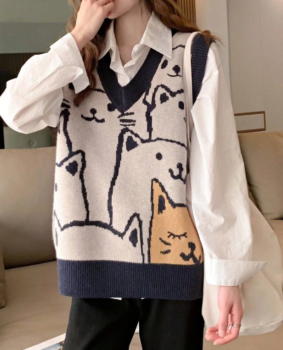 Alicedudu Pull sans manches col V motif chat décontracté, automne/hiver printemps