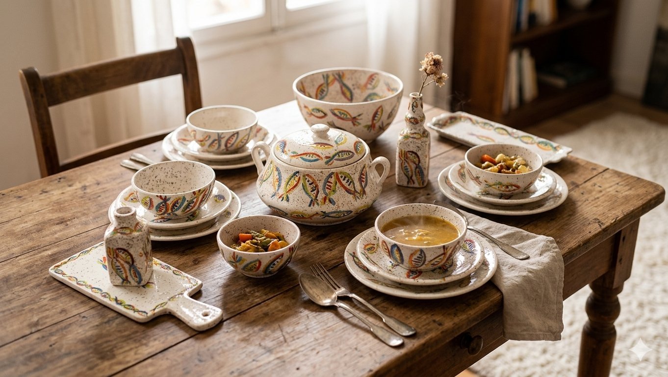Service de table en céramique présente un motif de poissons colorés peint à la main, idéal pour une ambiance chaleureuse.