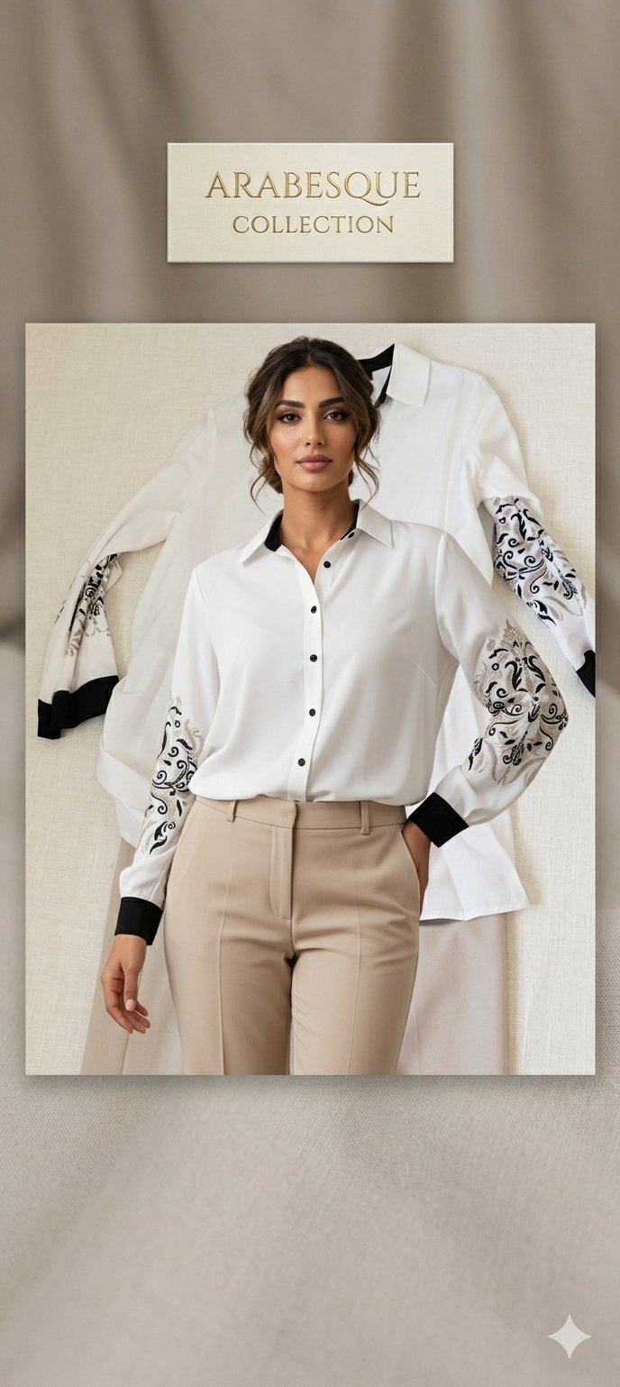 Chemise blanche  avec des broderies ornementales complexes sur les manches et des détails contrastés noirs au col 