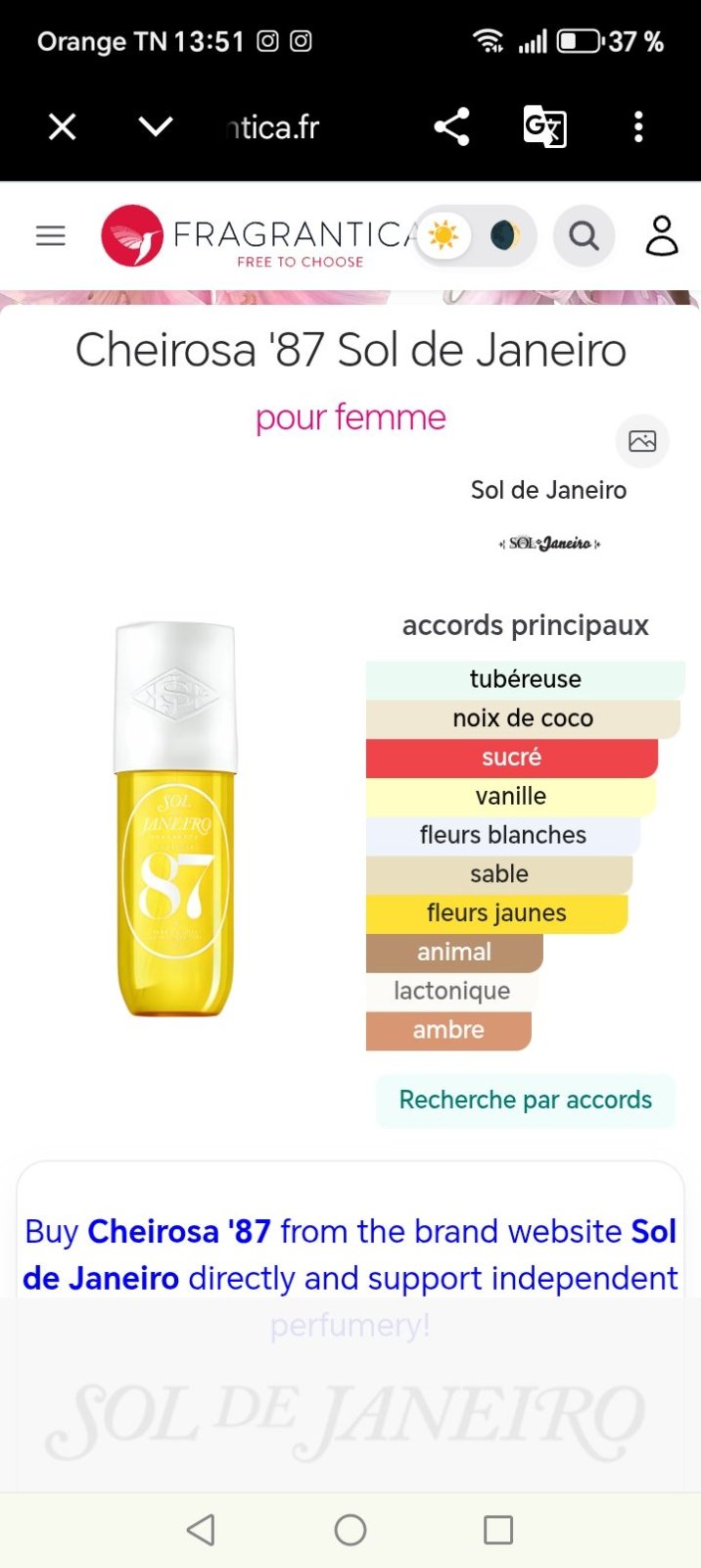 Cheirosa '87 de Sol de Janeiro est un parfum pour femme. C'est un nouveau parfum. Cheirosa '87 a été lancé en 2024. Les notes de tête sont Lait de coco et Sable; les notes de coeur sont Tubéreuse et Ylang-ylang; les notes de fond sont Vanille et Ambre.  