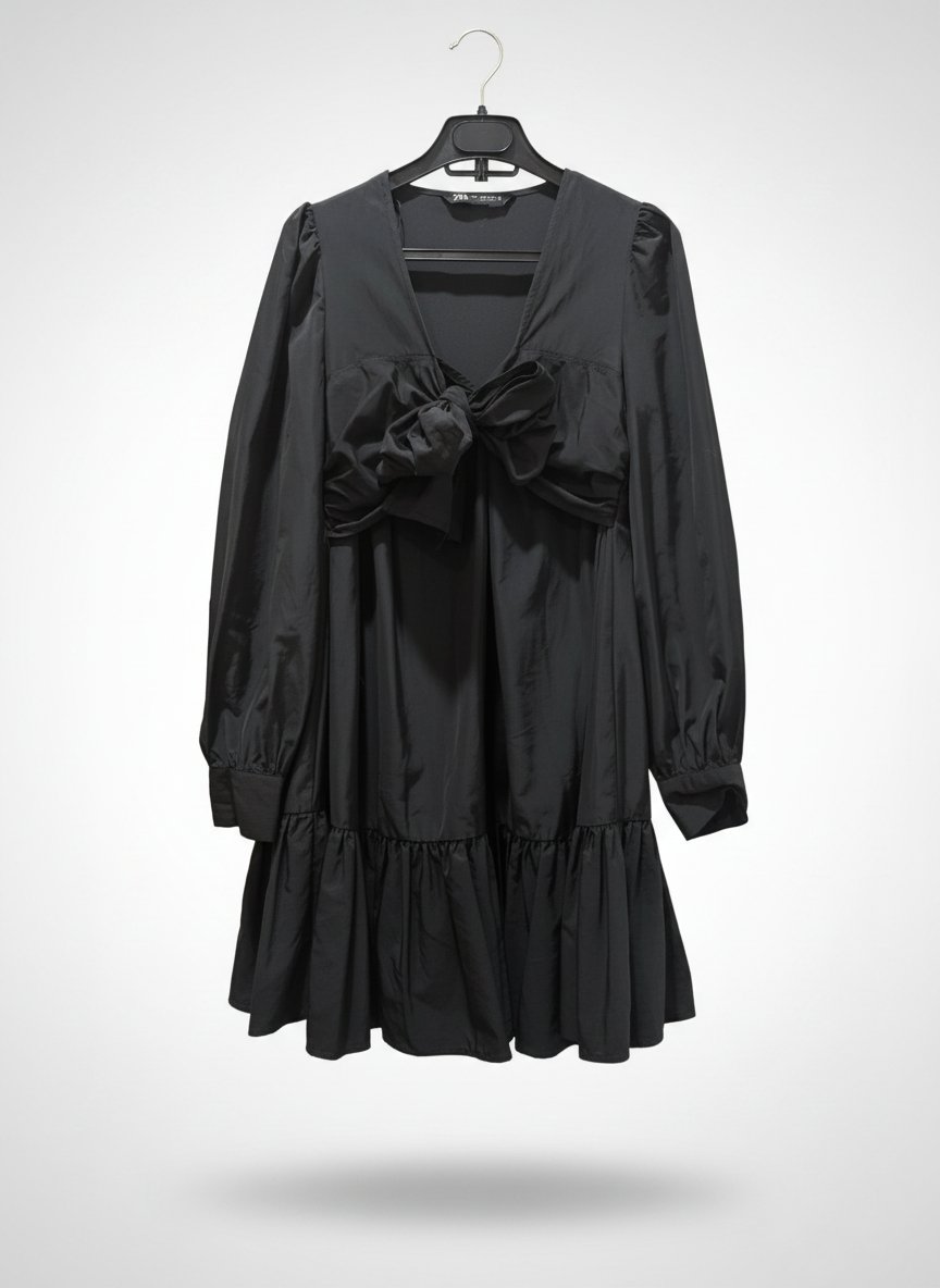 Robe Courte Noire Zara – Style Babydoll avec Nœud