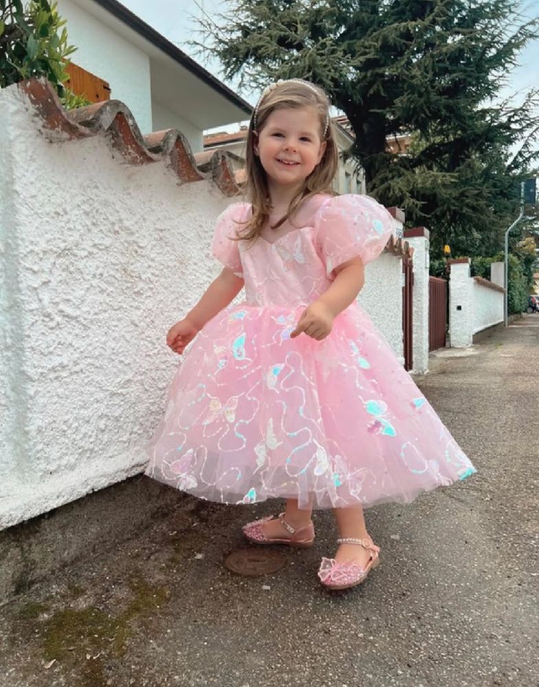 Robe de princesse formelle pour fille, robe de fête d'anniversaire à paillettes papillon rose pour bébé fille C tte neuve importée de la France Marque "marryshe" Tlabes de 4/5 ans 