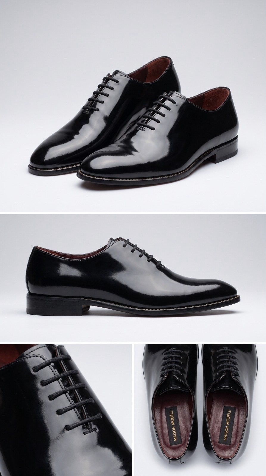 Paire de chaussures en cuit vernis noir style oxford parfaite pour smoking mariage ou soiree 