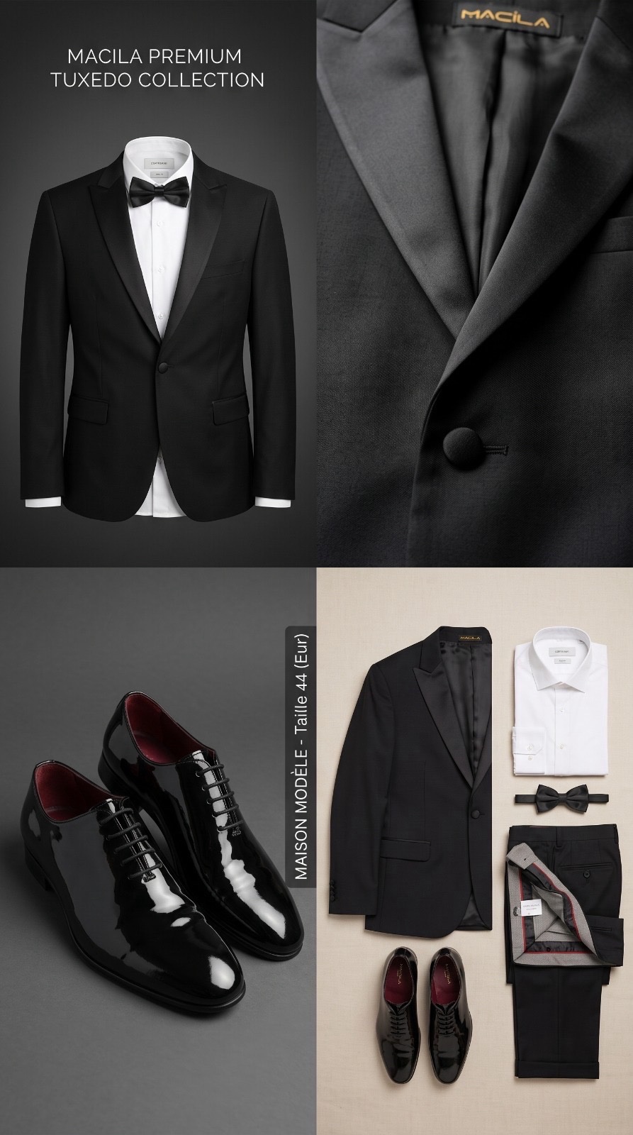 Smoking complet Cortigiani/Macila taille 58– Veste, pantalon, chemise, nœud papillon + chaussures vernies Maison Modèle (T44) – Excellent état