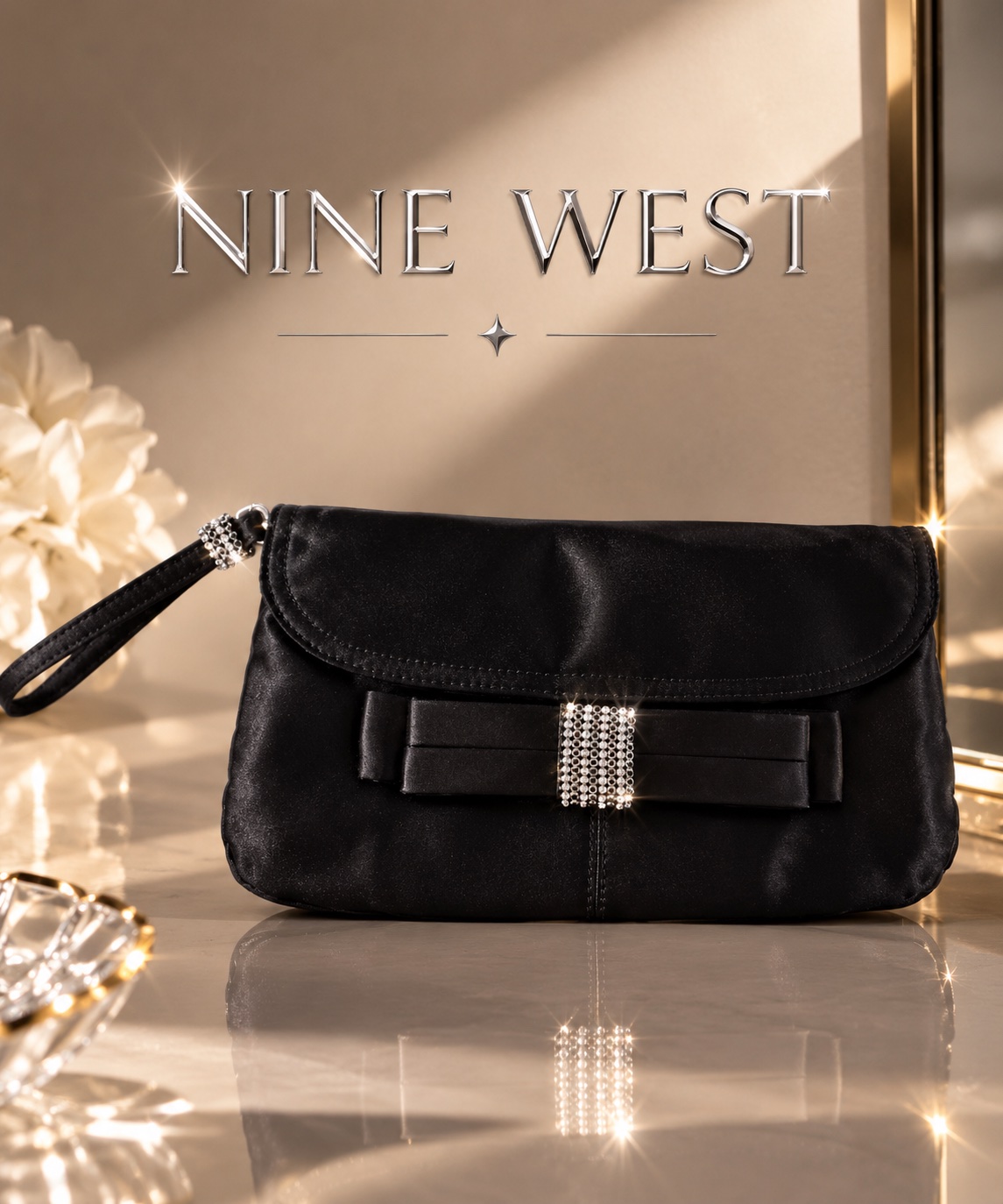 🖤 Pochette de Soirée Nine West – Noir Satiné & Strass 🖤