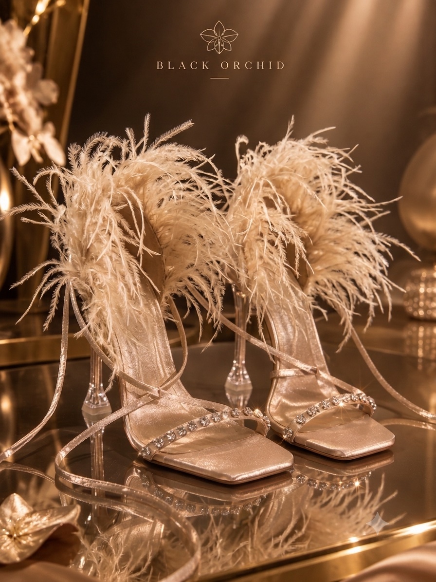 Sandales à talons satin champagne & plumes d’autruche — Pointure 38 de Chloo & Choo la Marsa ✨