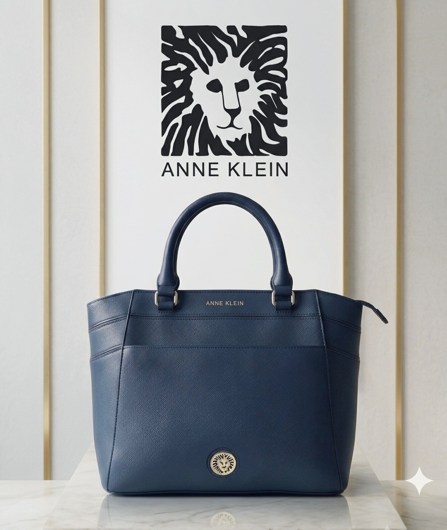 Sac à main Anne Klein Original – Cuir Saffiano Bleu Marine (Médaillon Lion) 💙✨