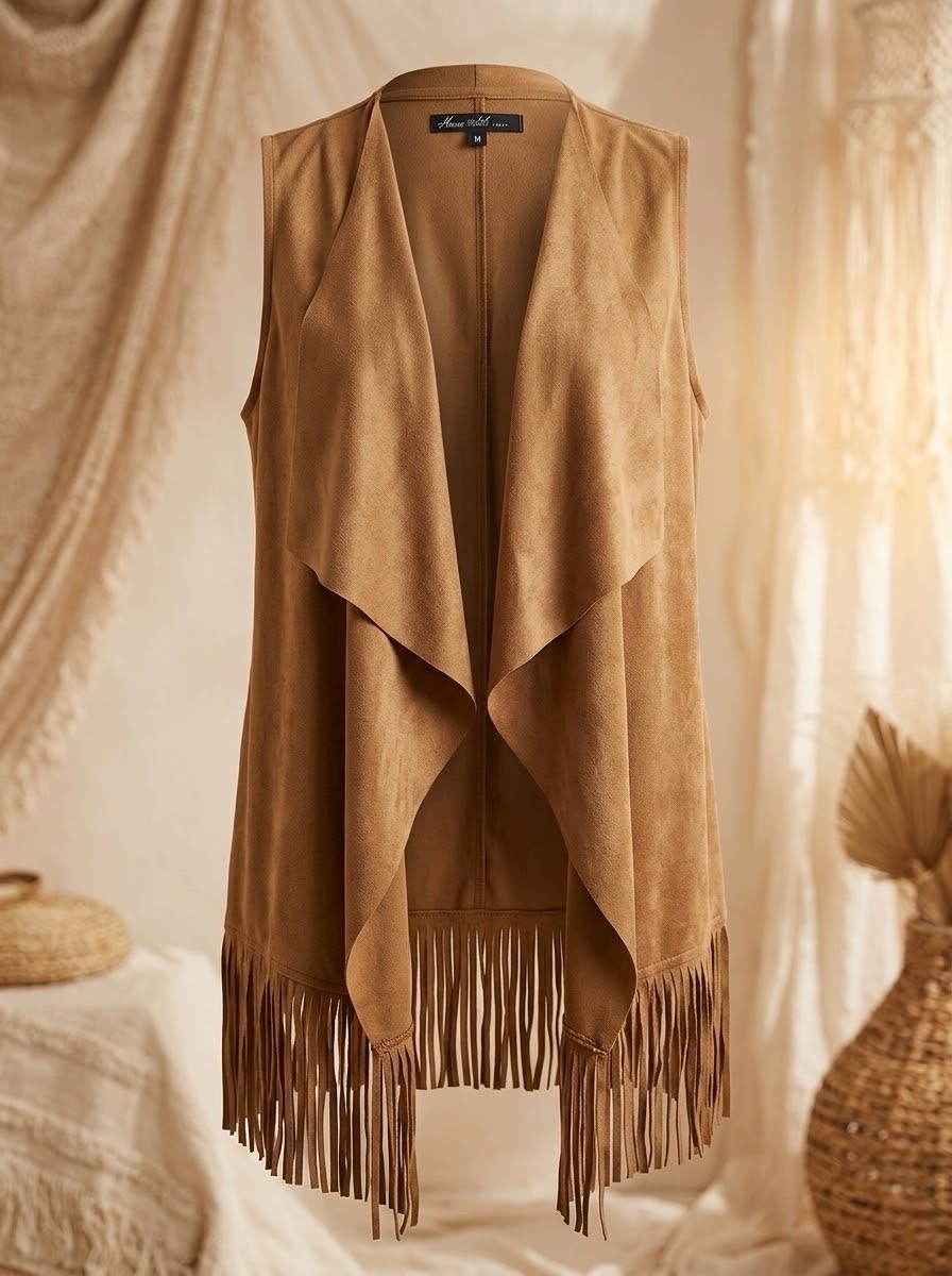 Gilet sans manches en suédine camel à franges – House (Taille M)